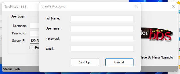 TeleFinder BBS create account screen